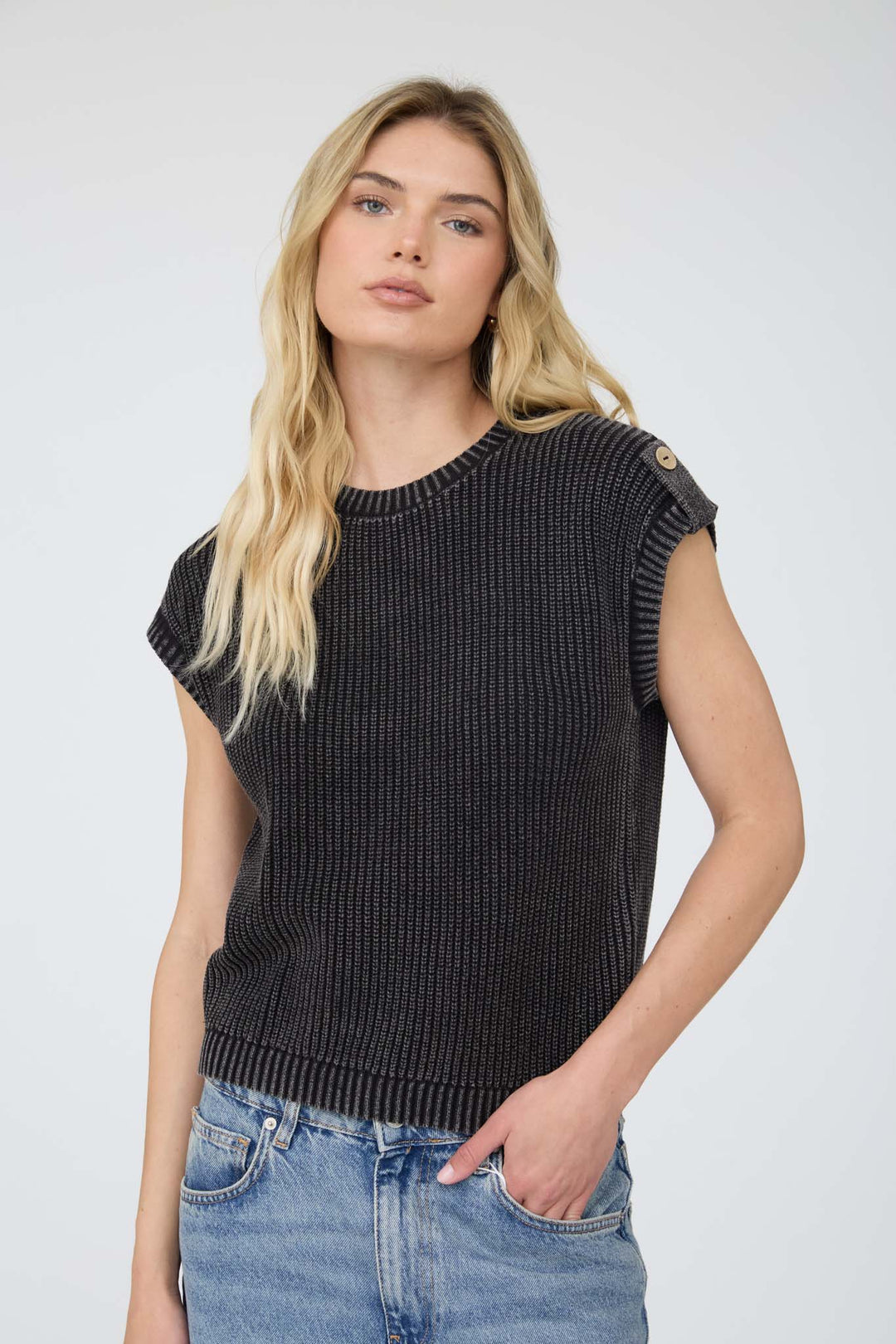 Blu Pepper Acid Wash Tab Sleeve Back Button Knit Top