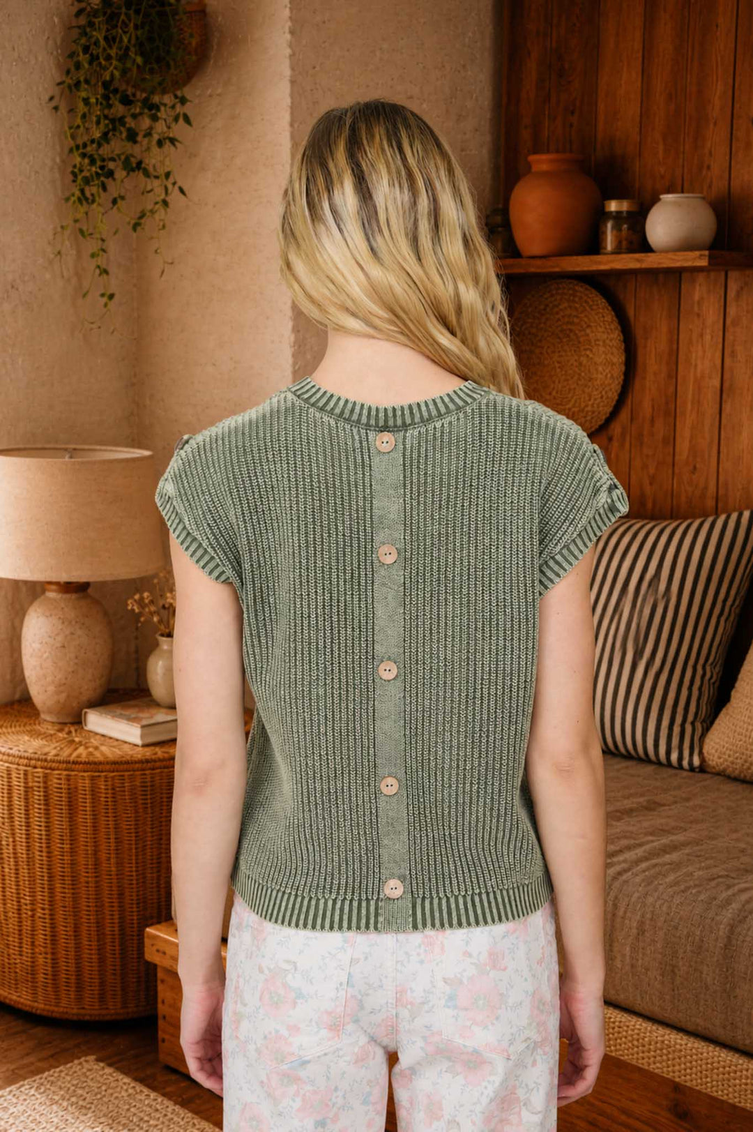 Blu Pepper Acid Wash Tab Sleeve Back Button Knit Top