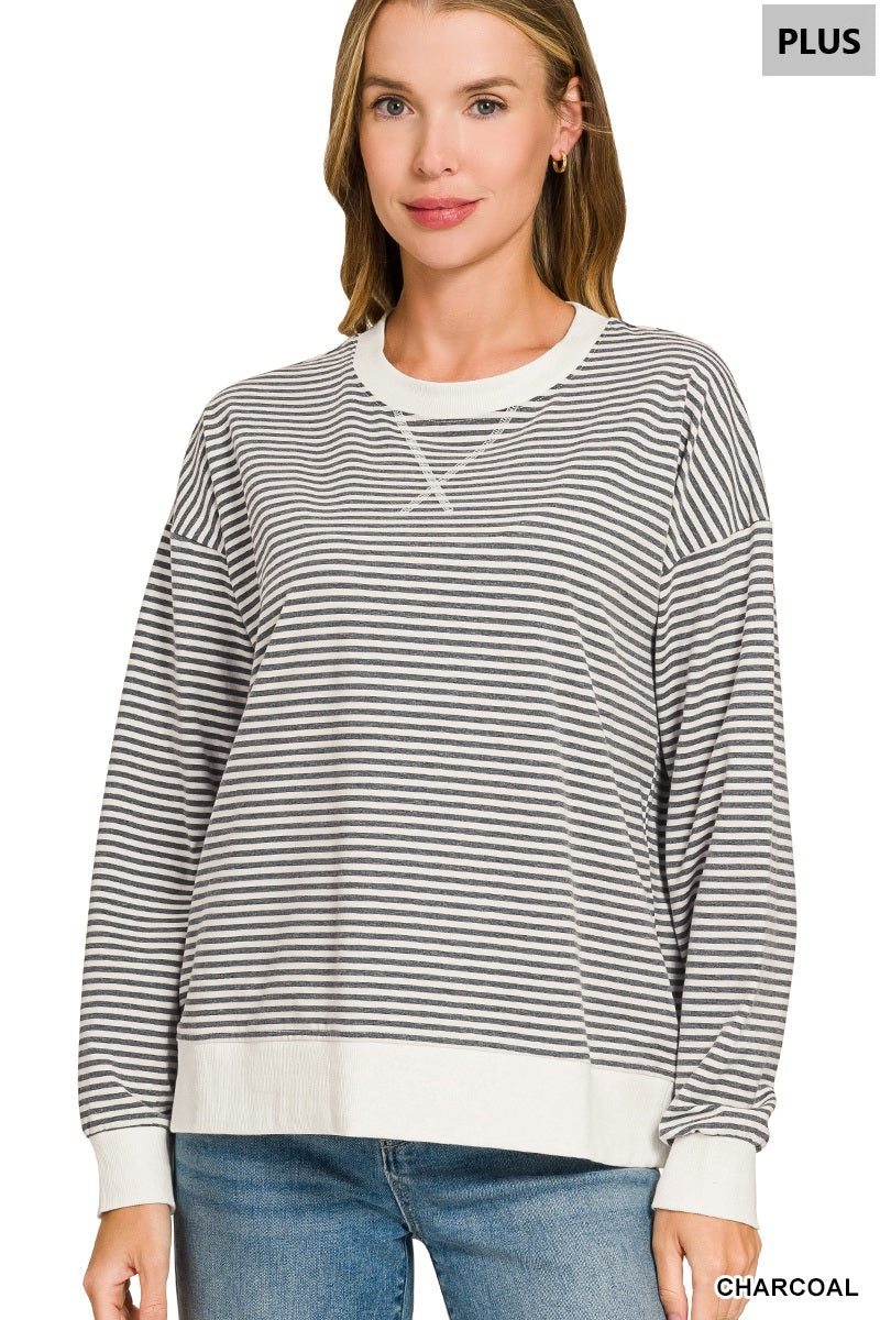 Zenana-PLUS STRIPED RIB BANDED PULLOVER