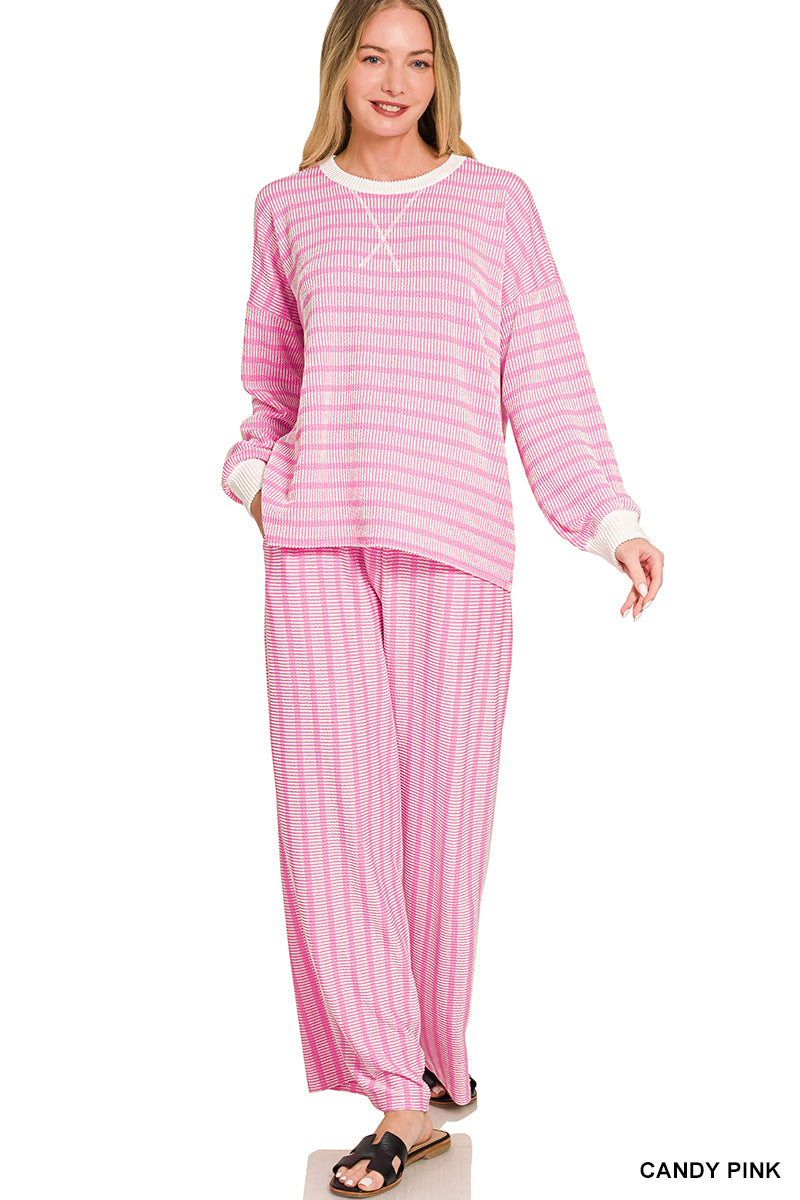 Zenana-RAISED RIB STRIPED PULLOVER & PANTS SET