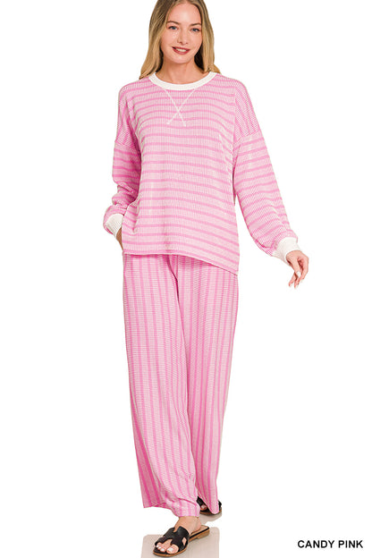 Zenana-RAISED RIB STRIPED PULLOVER & PANTS SET