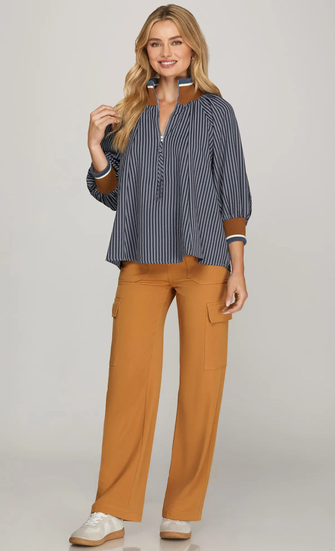 3/4 Sleeve Half Zip Striped Top Blouse - Talk of the Town