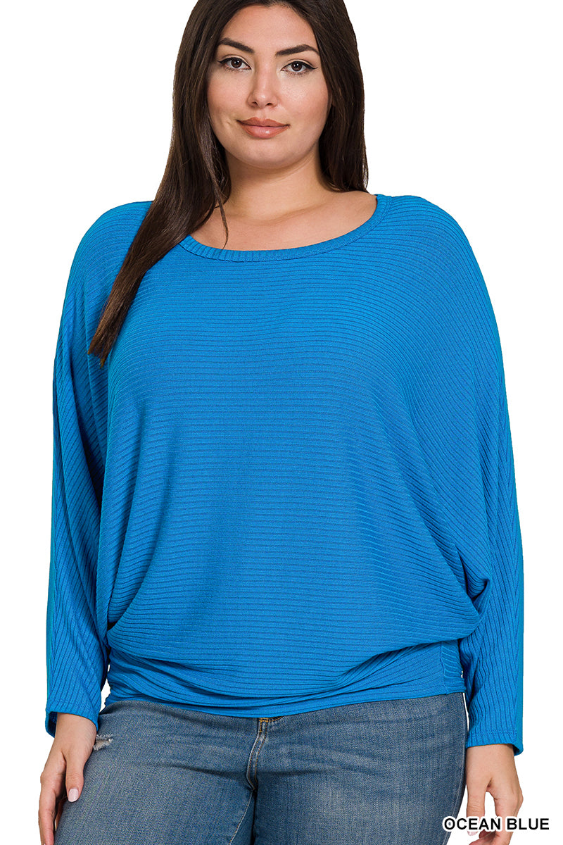 Zenana- PLUS RIBBED BATWING LONG SLEEVE BOAT NECK SWEATER