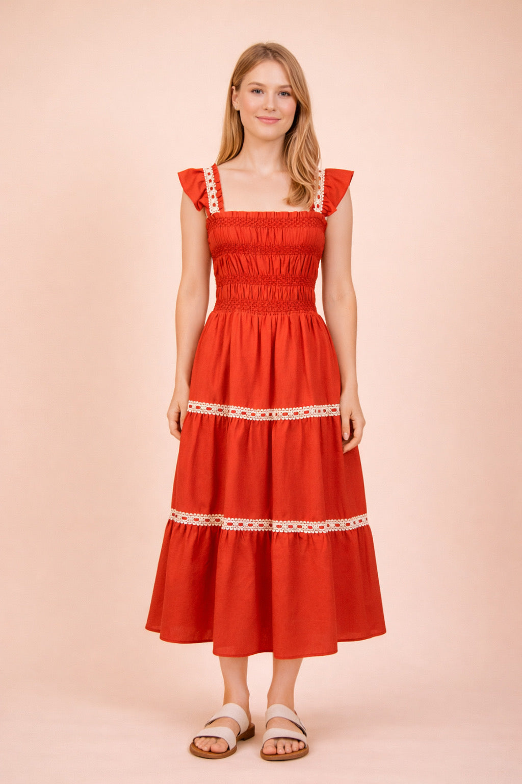 Very J Smocking Detail Solid Woven Midi Dress