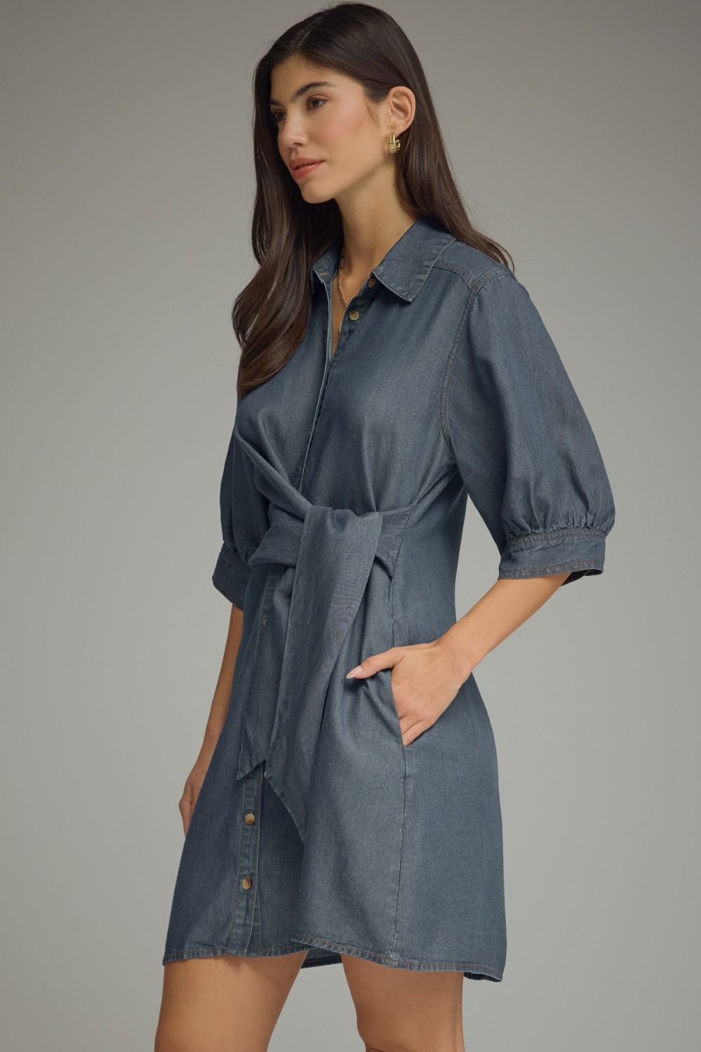 Entro-Solid ¾ sleeve denim mini dress featuring self-tie waist detail.