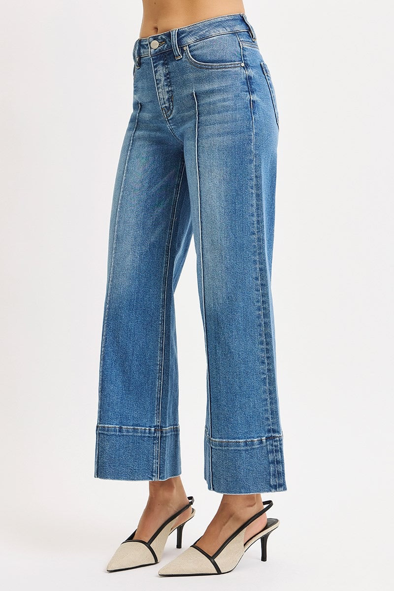 Tummy Control Mid Rise Crop Wide Pintuck Front Jeans