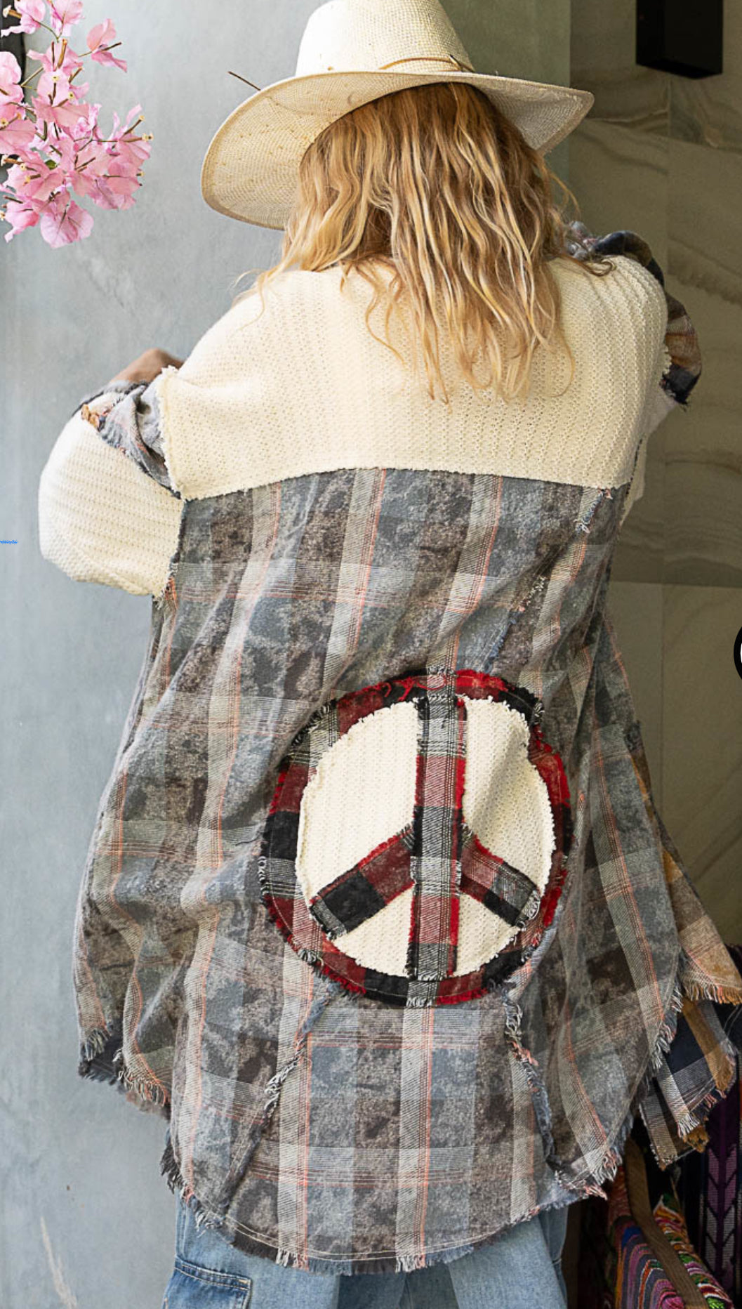 Color Block Plaid Peace Patch Shirt