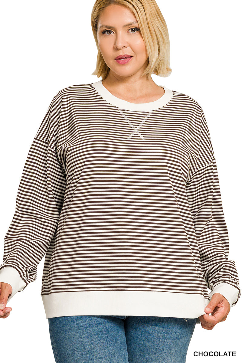 Zenana-PLUS STRIPED RIB BANDED PULLOVER