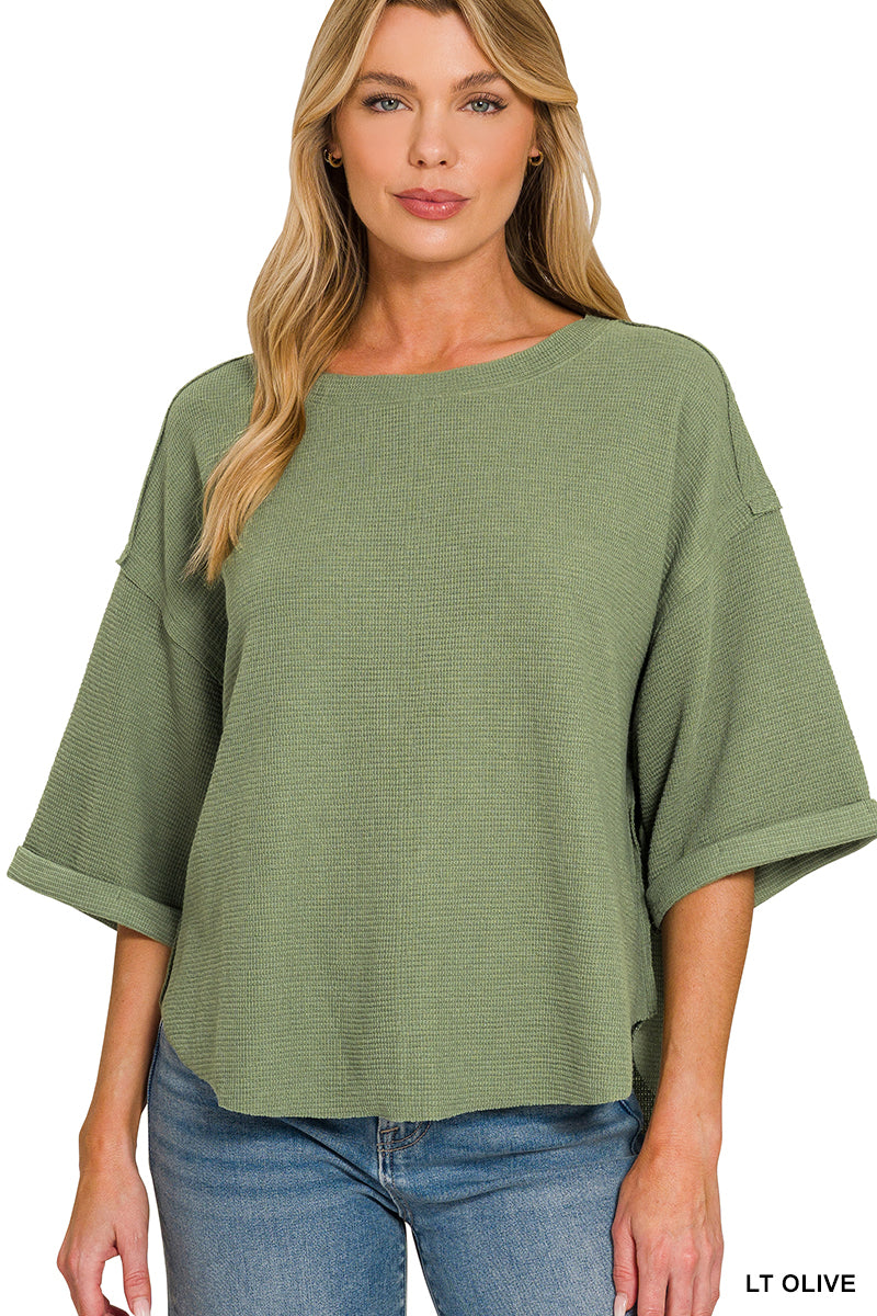 Zenana- DOUBLE KNIT EXPOSED SEAM CURVED HEM SHORT SLEEVE TOP