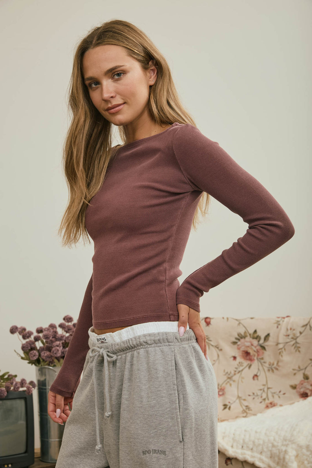 Blu Pepper-BOAT NECK LONG SLEEVE RIBBED KNIT TOP