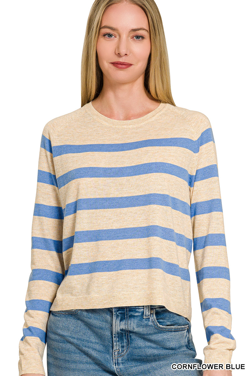 Zenana-LIGHTWEIGHT WOOL BLEND STRIPED ROUND NECK SWEATER