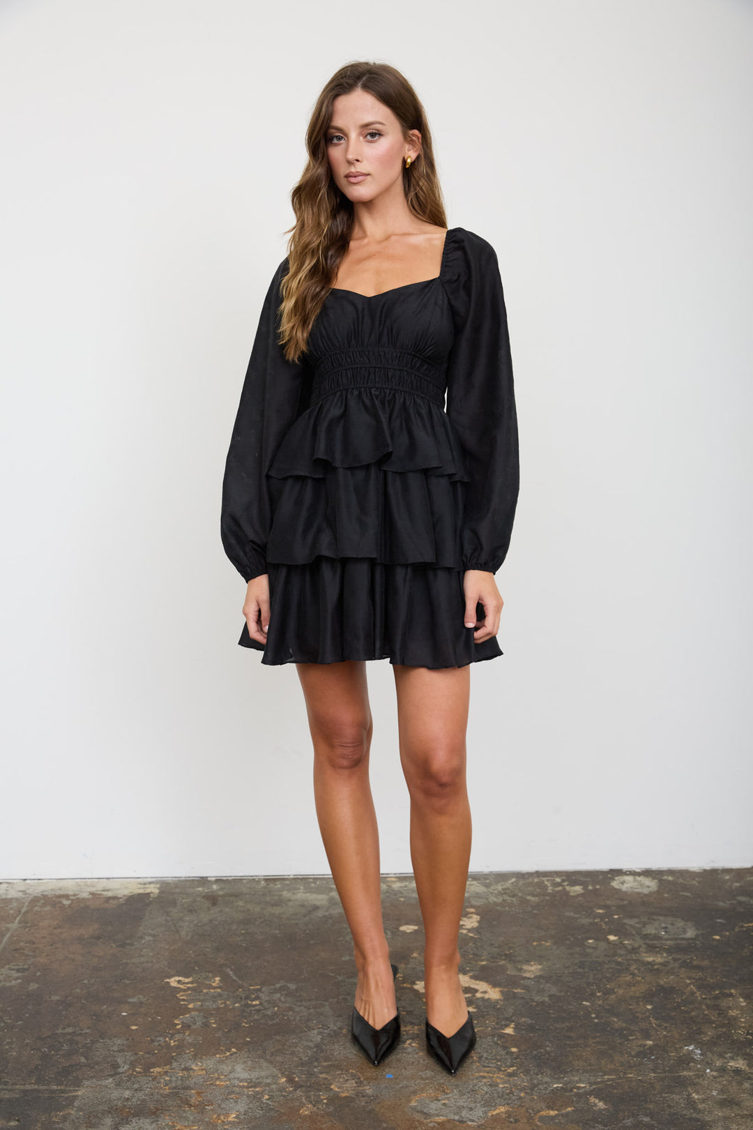 Blu Pepper-SMOCKED BISHOP SLEEVE TIERED MINI DRESS
