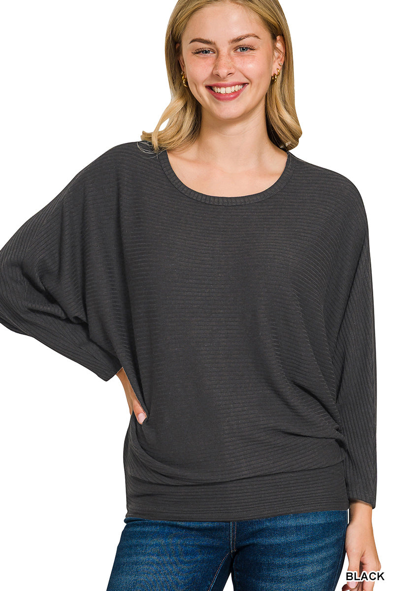 Zenana-RIBBED BATWING LONG SLEEVE BOAT NECK SWEATER