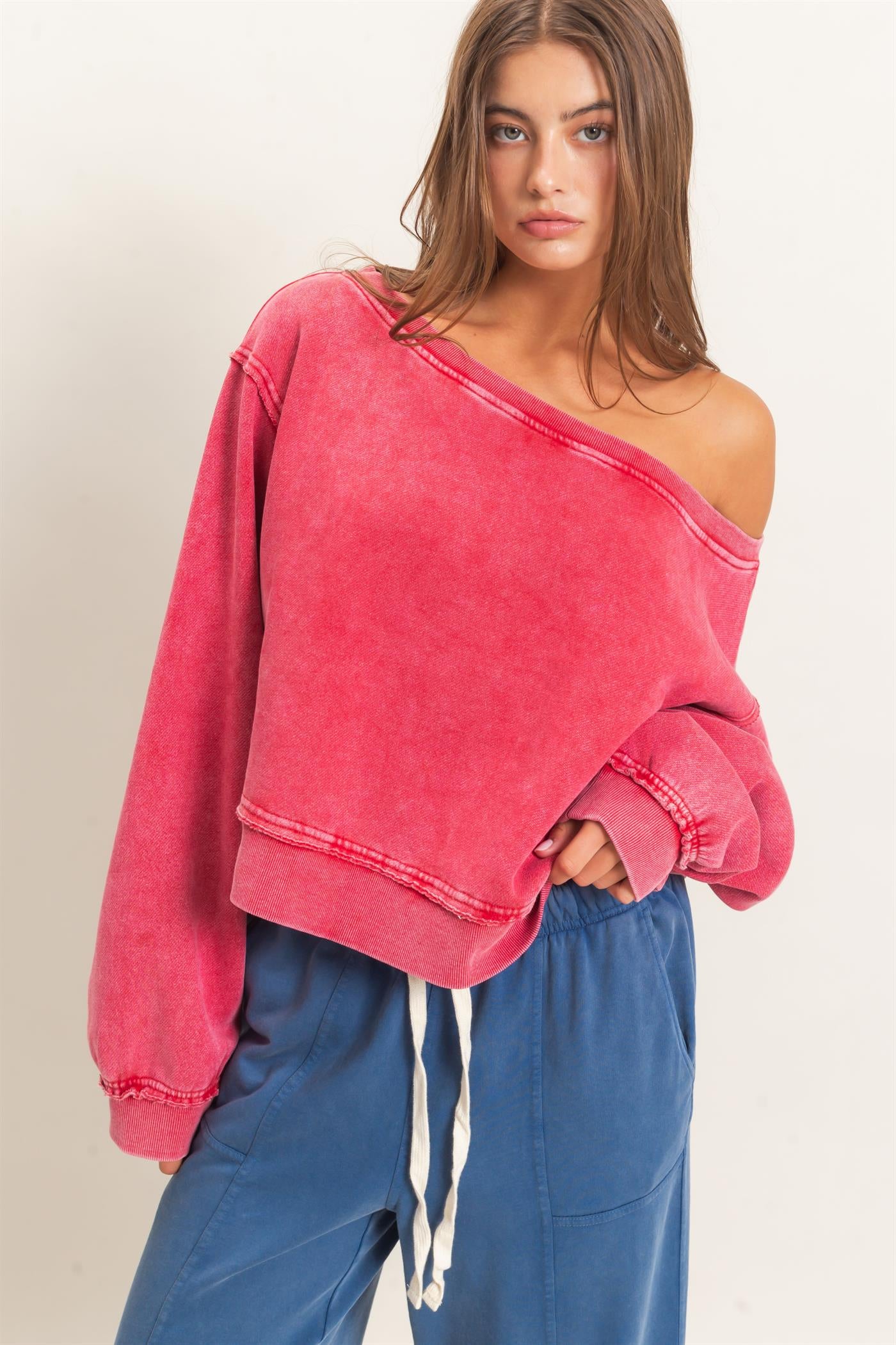 Hyfve- Raw Edge Acid Wash Off The Shoulder Sweatshirt