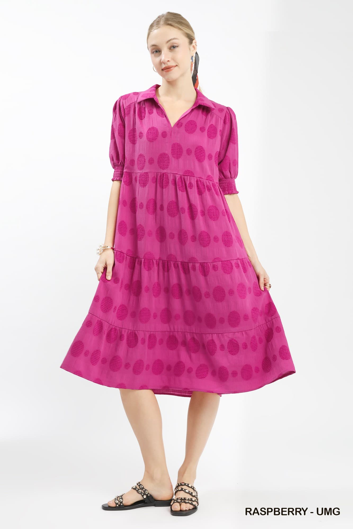Umgee Dobby Dot Jacquard Tiered Maxi Dress
