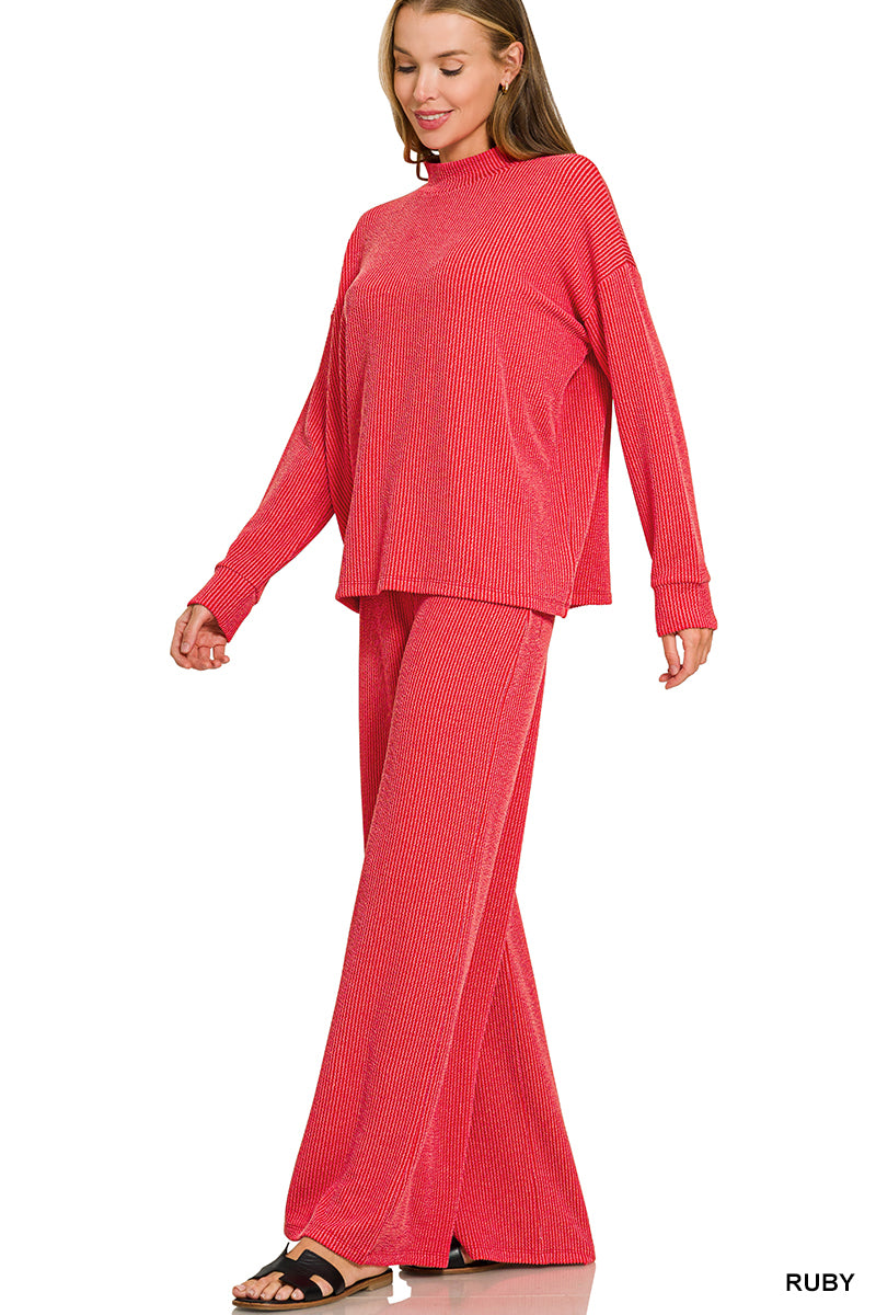 Zenana-RAISED RIB MOCK NECK LONG SLEEVE TEE & PANTS SET