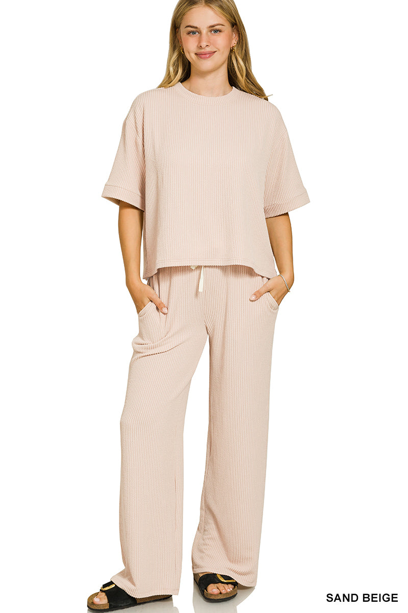 Zenana-RAISED RIB SHORT SLEEVE TEE & PANTS SET