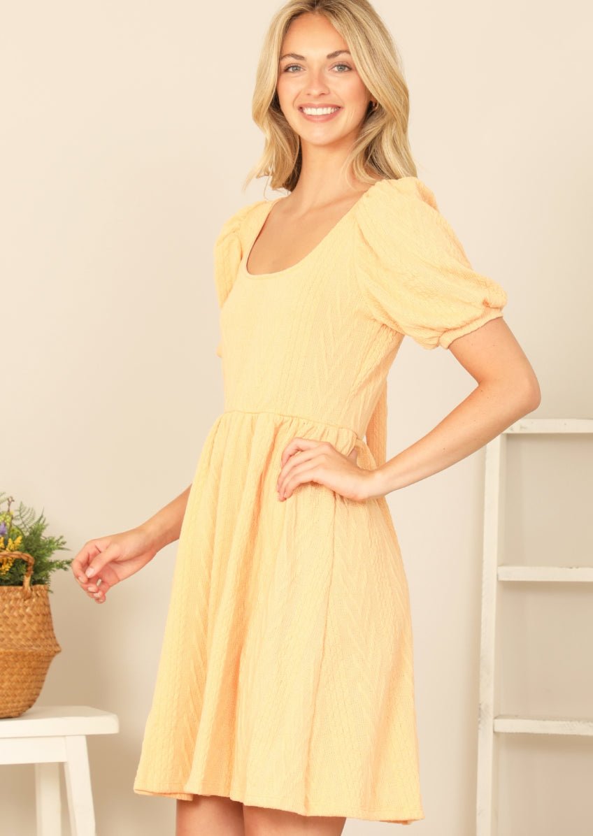 Pale Yellow Scoop Neck Ribbon Back Textured Solid Dress | USA Boutique Style