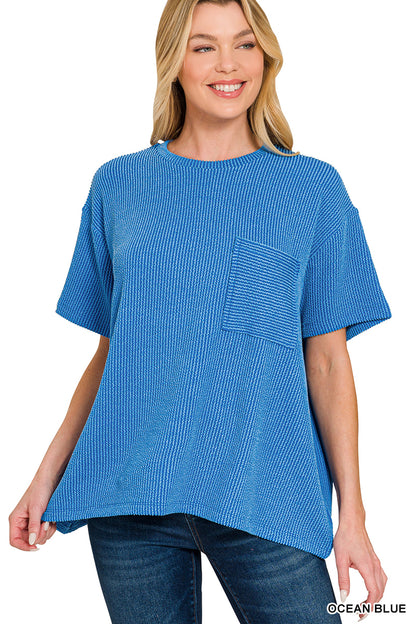 Zenana-RAISED RIB SHORT SLEEVE FRONT POCKET TOP