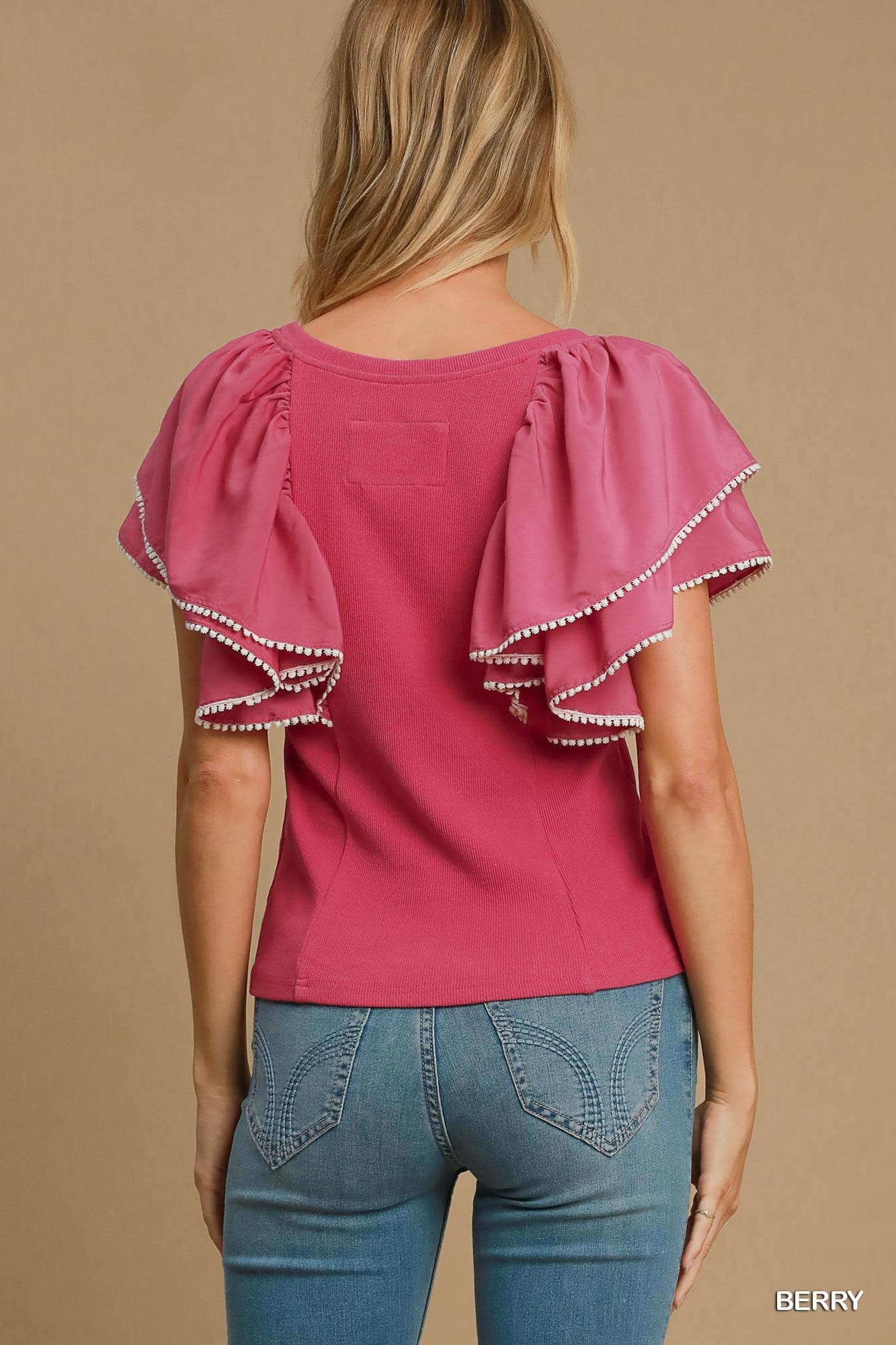 Umgee Ruffle Sleeved Rib Knit Top