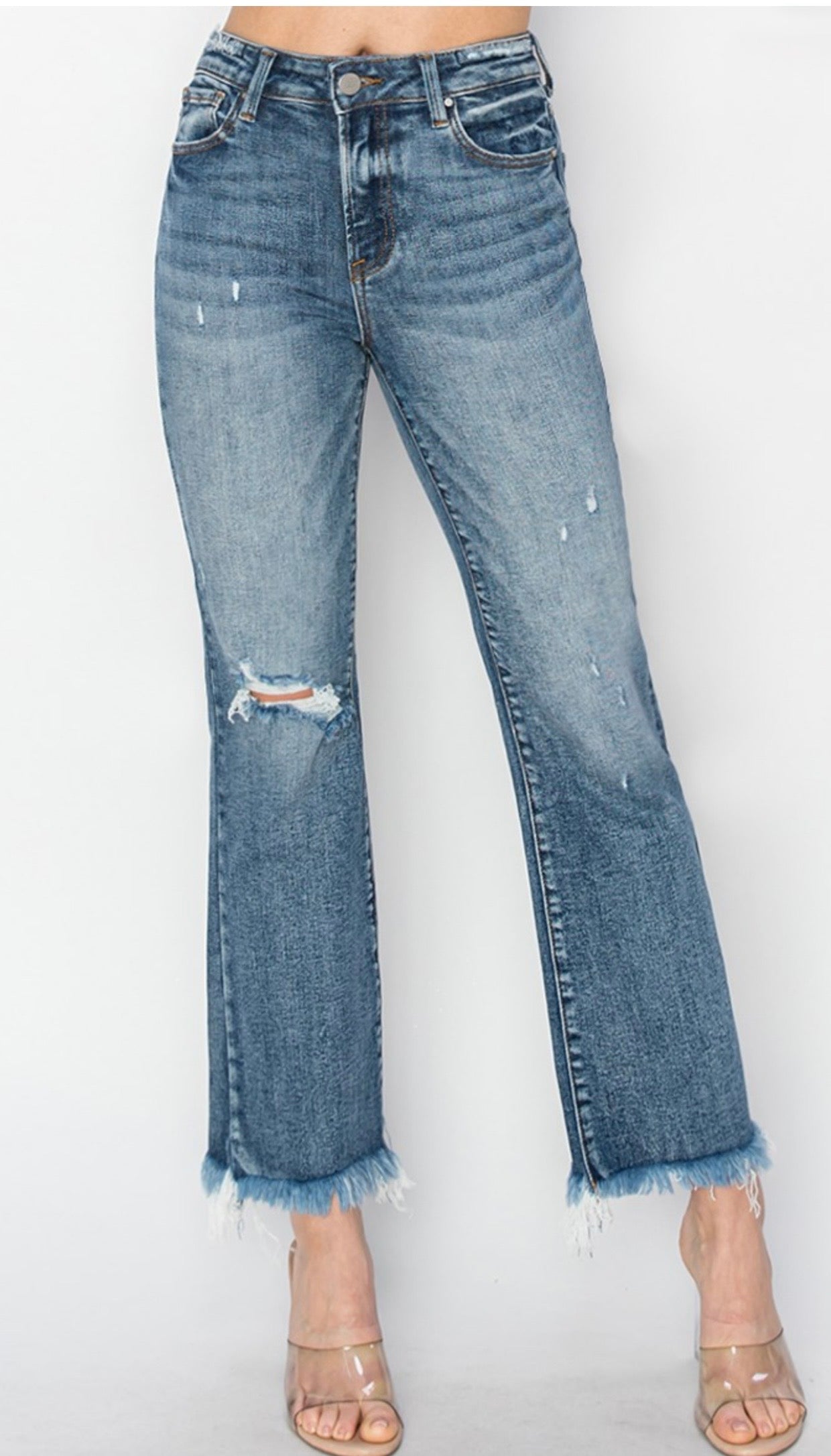 High Rise Bootcut Frayed Jeans, Dark