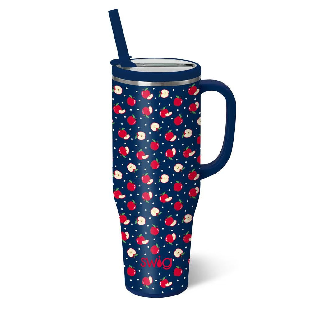 Navy blue tumbler with apple pattern and 'swig' branding on a white background