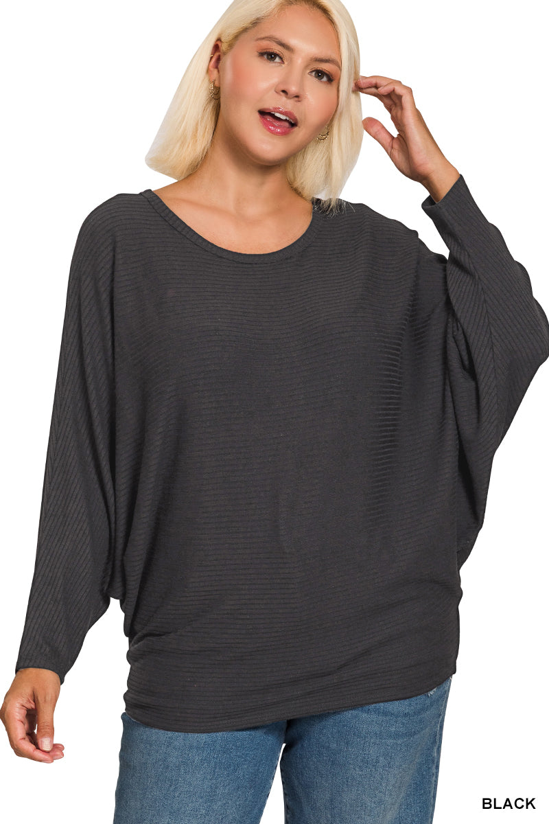 Zenana- PLUS RIBBED BATWING LONG SLEEVE BOAT NECK SWEATER