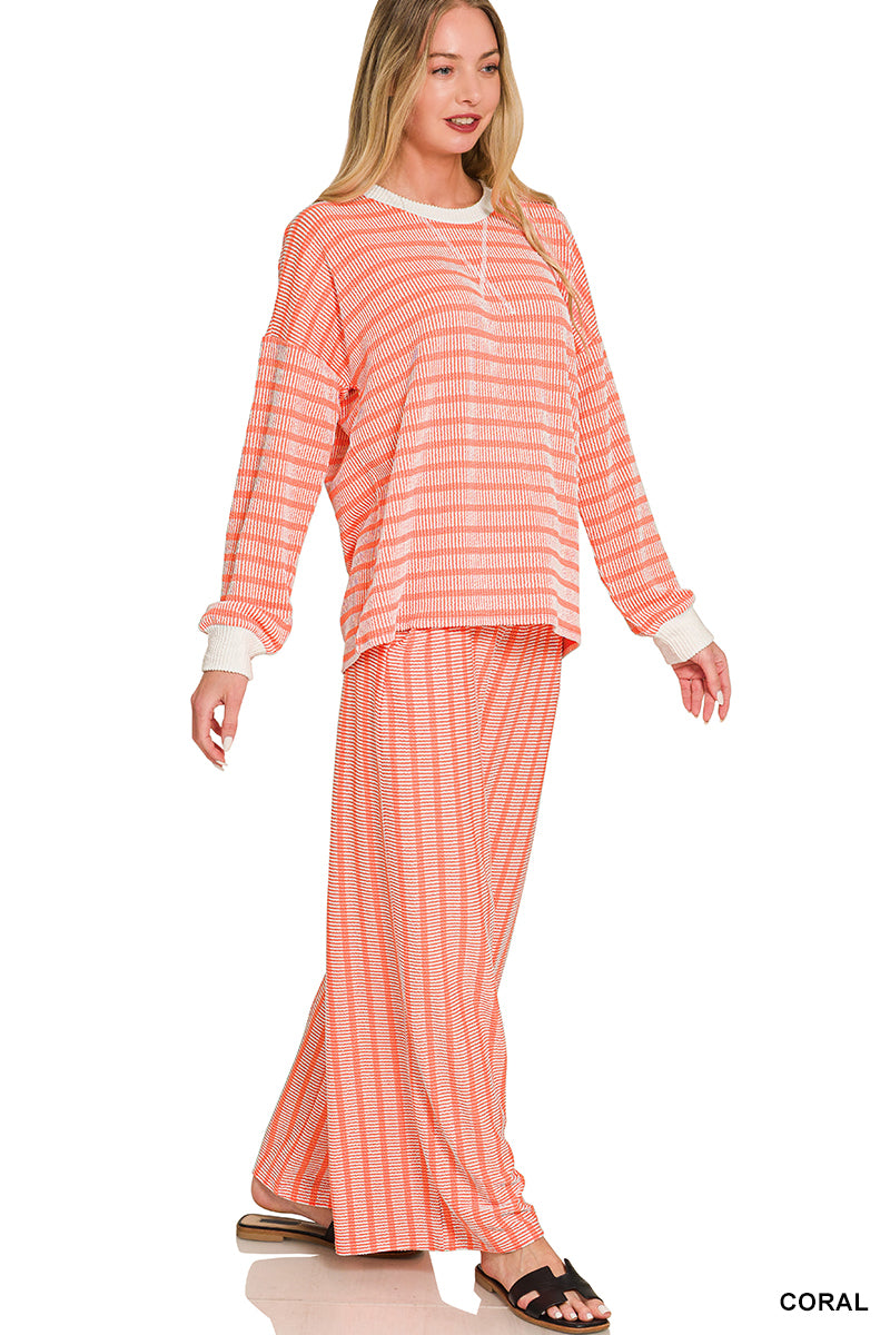 Zenana-RAISED RIB STRIPED PULLOVER & PANTS SET