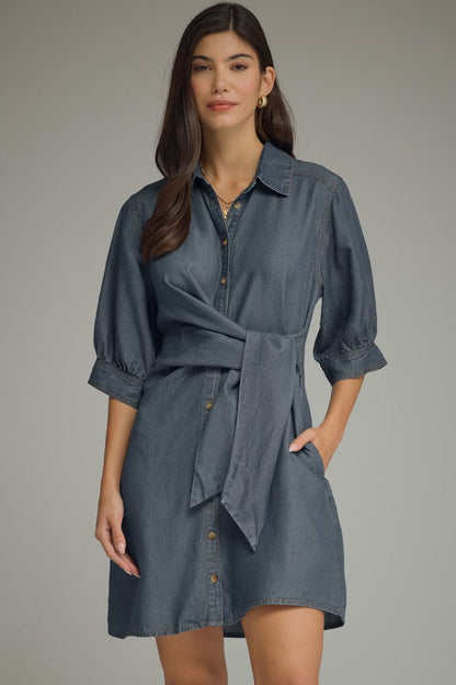 Entro-Solid ¾ sleeve denim mini dress featuring self-tie waist detail.