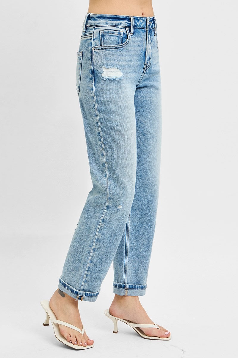 Risen High Rise Ankle Boyfriend Distressed Jeans