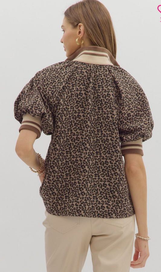 Women’s Leopard Print Puff Sleeve Half-Zip Top