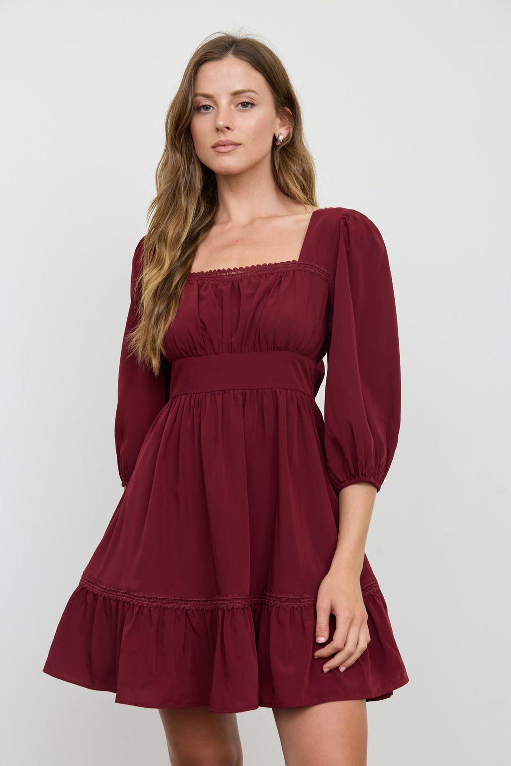 Blu Pepper-3/4 SLEEVE LACE TRIM SQUARE NECK MINI DRESS
