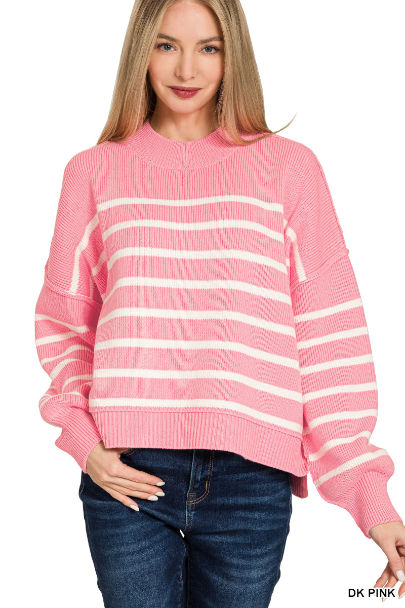 Zenana-EXPOSED SEAM STRIPED OVERSIZED SWEATER