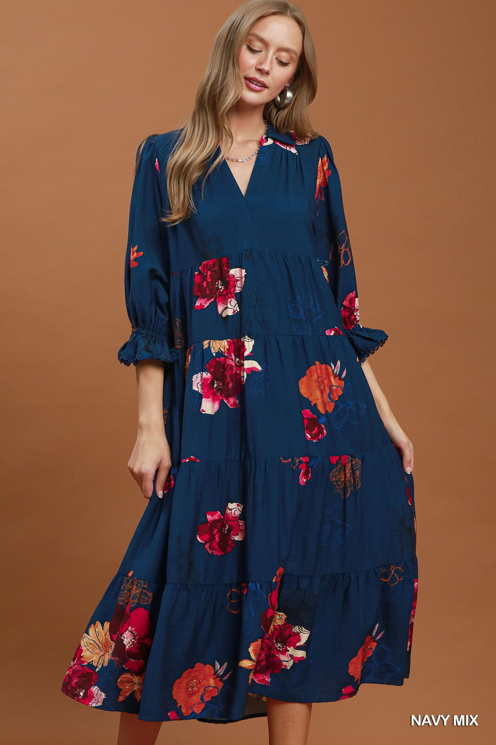 Umgee-Floral Print Tiered Midi Dress with Puff Sleeves