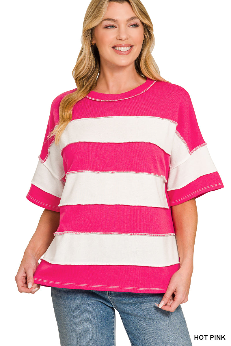Zenana-FRENCH TERRY STRIPED EXPOSED SEAM TOP