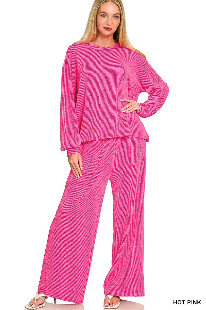 Zenana-Raised Rib pant set w/pockets