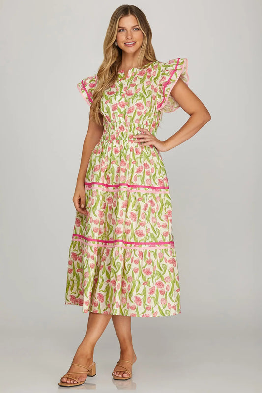 Pink Floral Tiered Midi Dress
