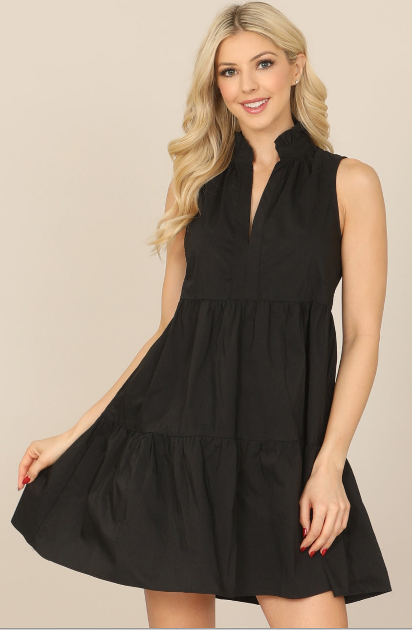 BB-Black Ruffle Notch High Neck Sleeveless Tiered Mini Dress