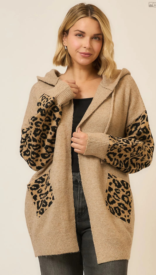 Hooded Leopard Print Contrast Cardigan