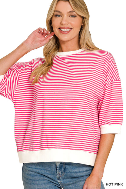 Zenana-STRIPED CONTRAST TRIM RIB BANDED TOP