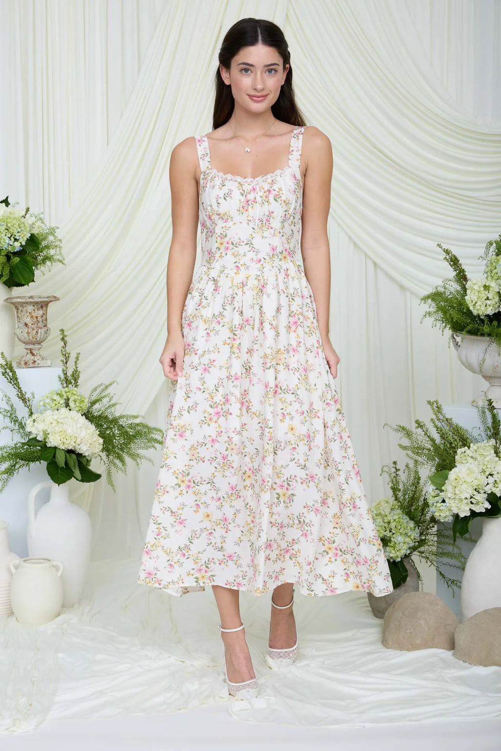 FLORAL LACE TRIM CORSET SLEEVELESS MIDI DRESS