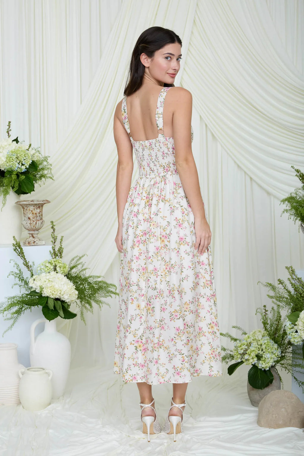 FLORAL LACE TRIM CORSET SLEEVELESS MIDI DRESS