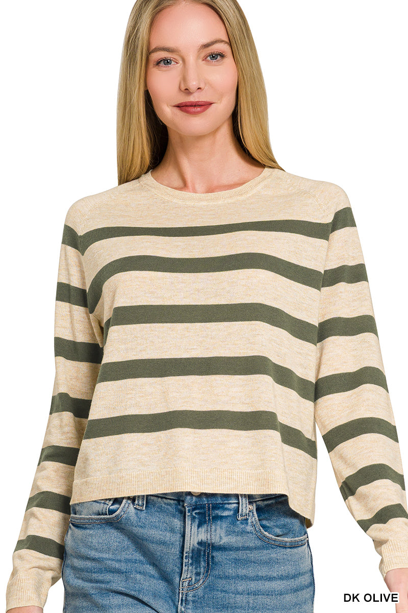 Zenana-LIGHTWEIGHT WOOL BLEND STRIPED ROUND NECK SWEATER