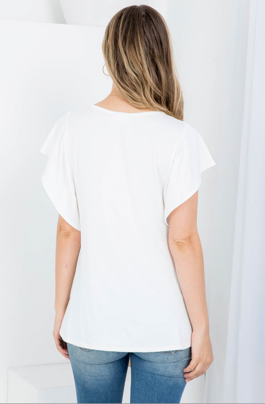 Flutter Sleeve Round Neck Solid Top - Ivory