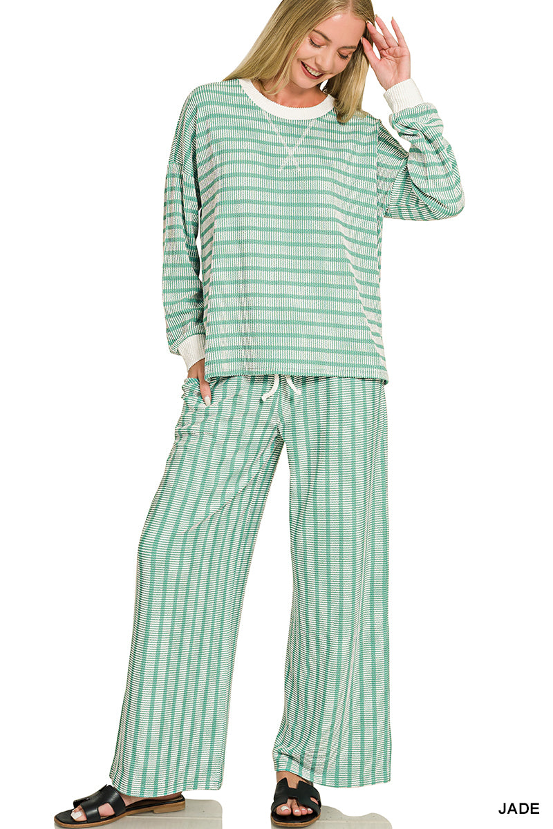 Zenana-RAISED RIB STRIPED PULLOVER & PANTS SET