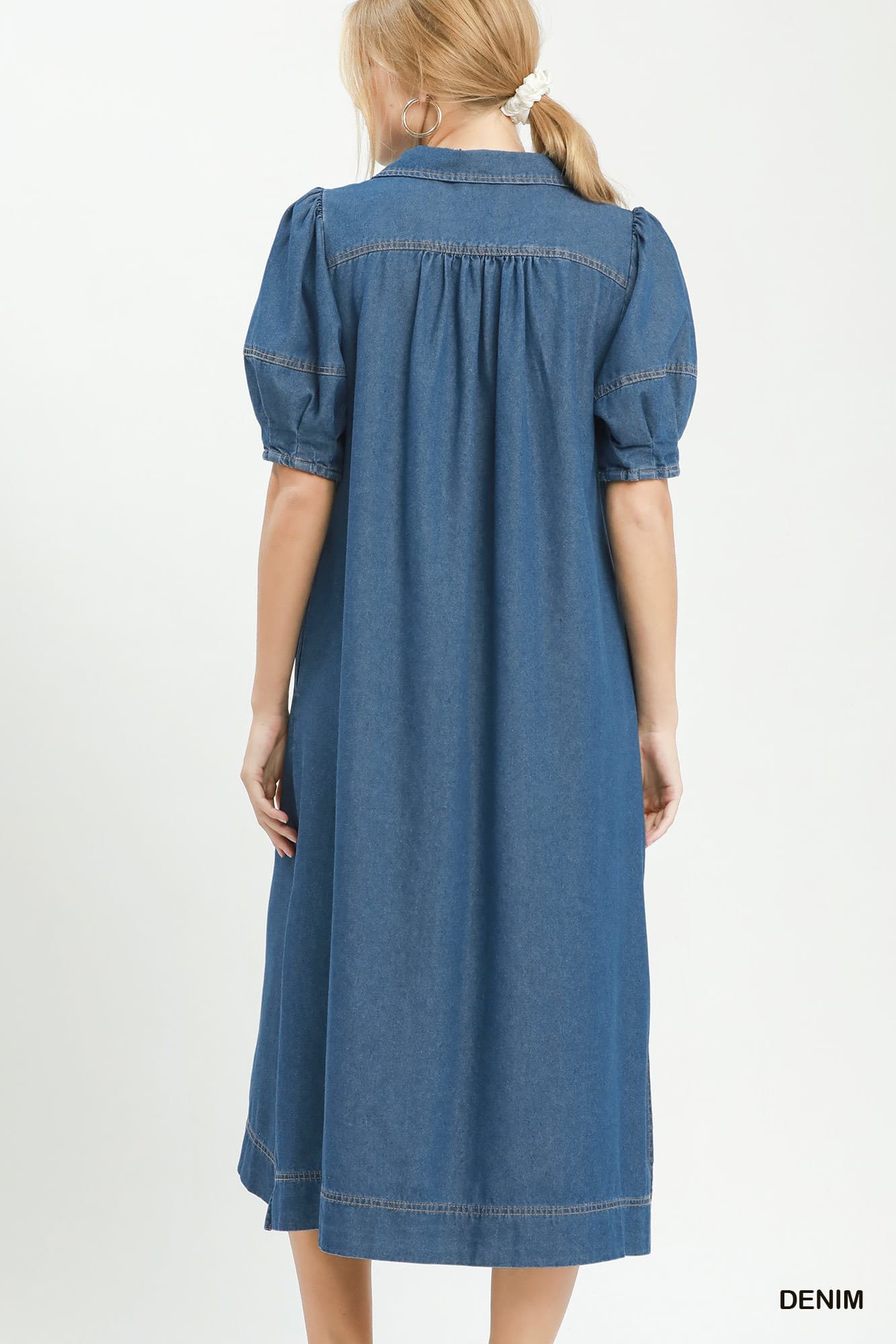 Umgee-Chambray Collared Puff Sleeve Maxi Dress