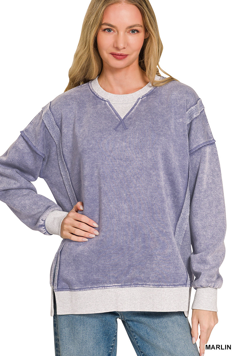 Zenana- FLEECE ACID WASHED CONTRAST TRIM PULLOVER