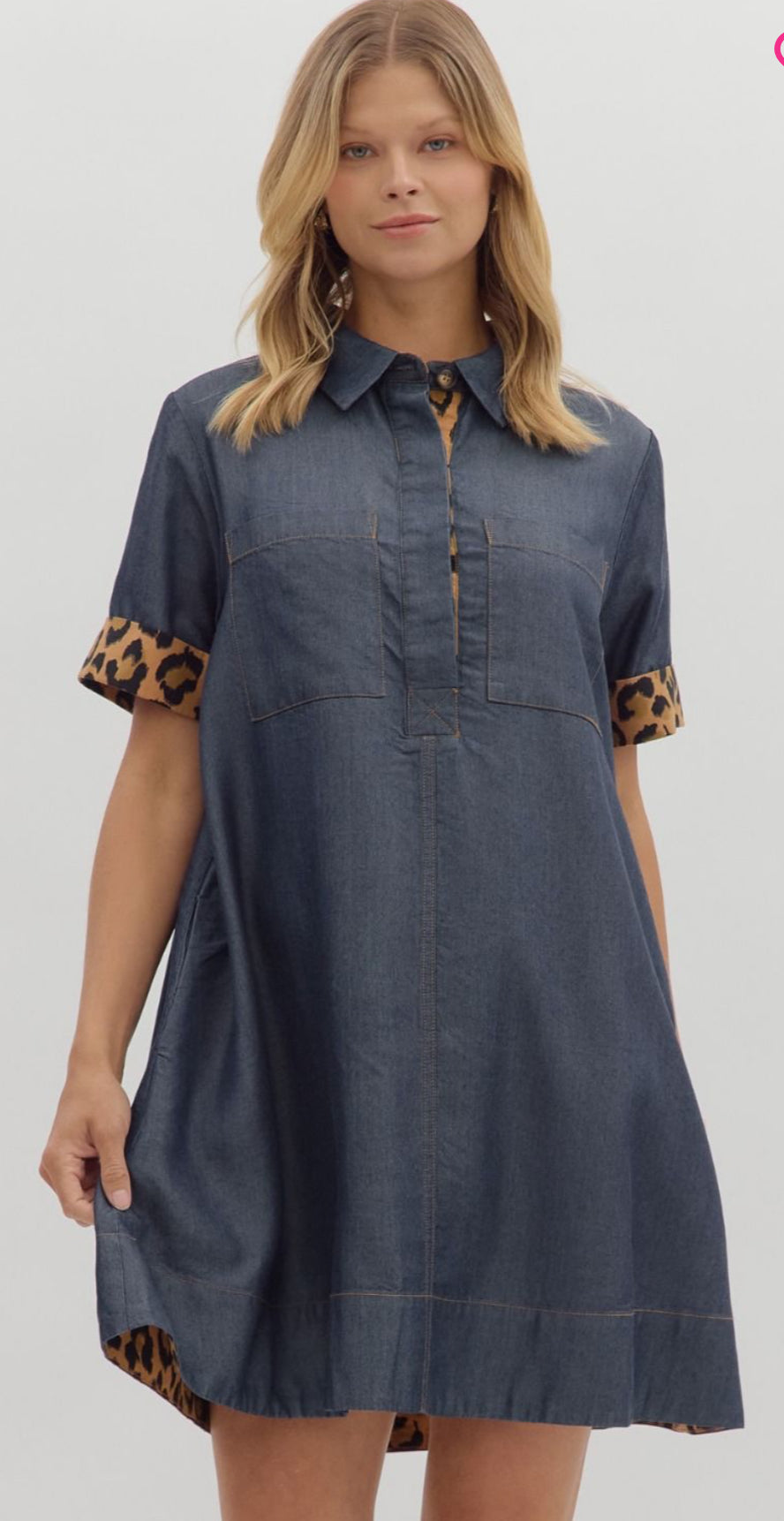Chambray Leopard Accent Denim Button Front Dress