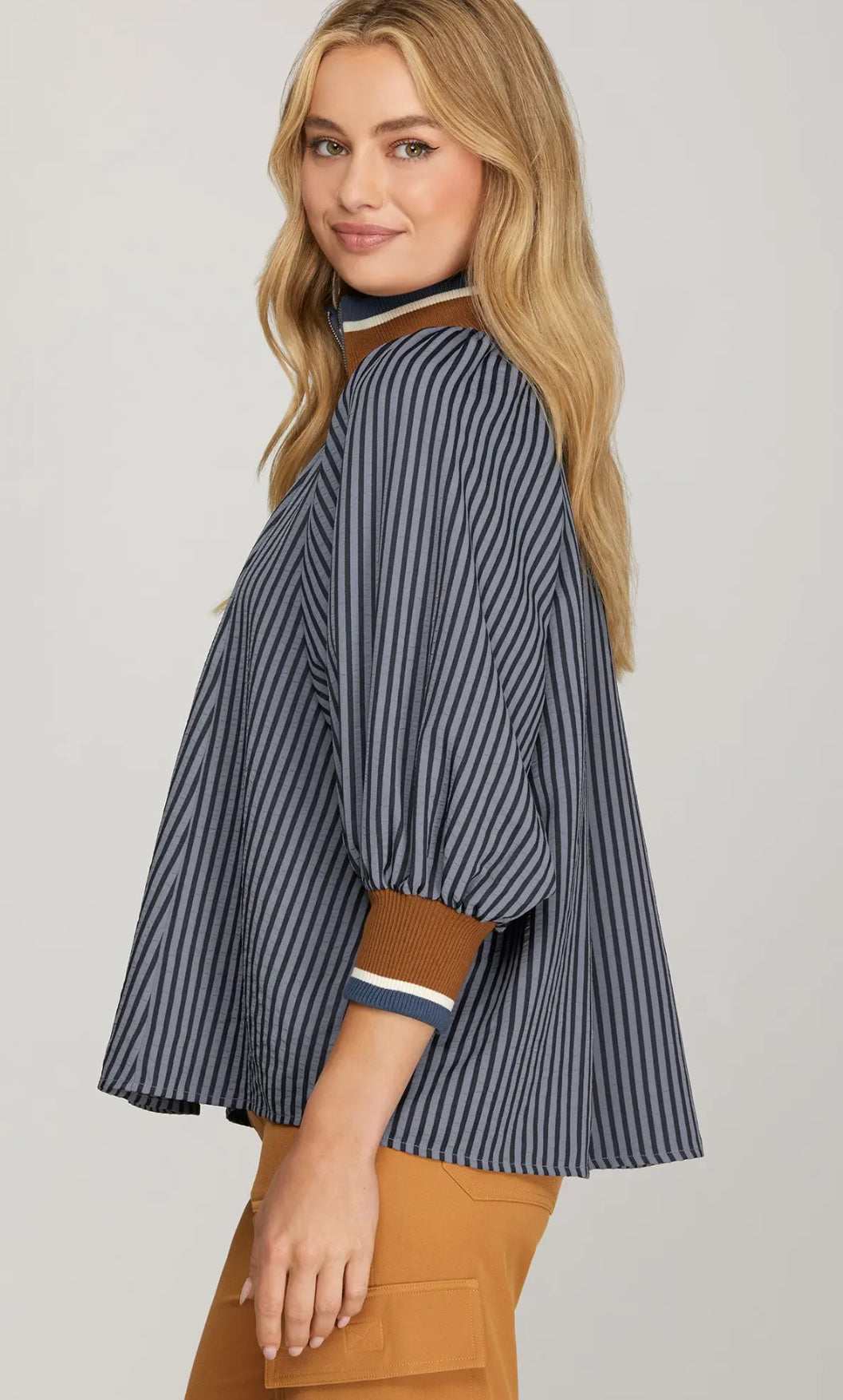 3/4 Sleeve Half Zip Striped Top Blouse - Talk of the Town