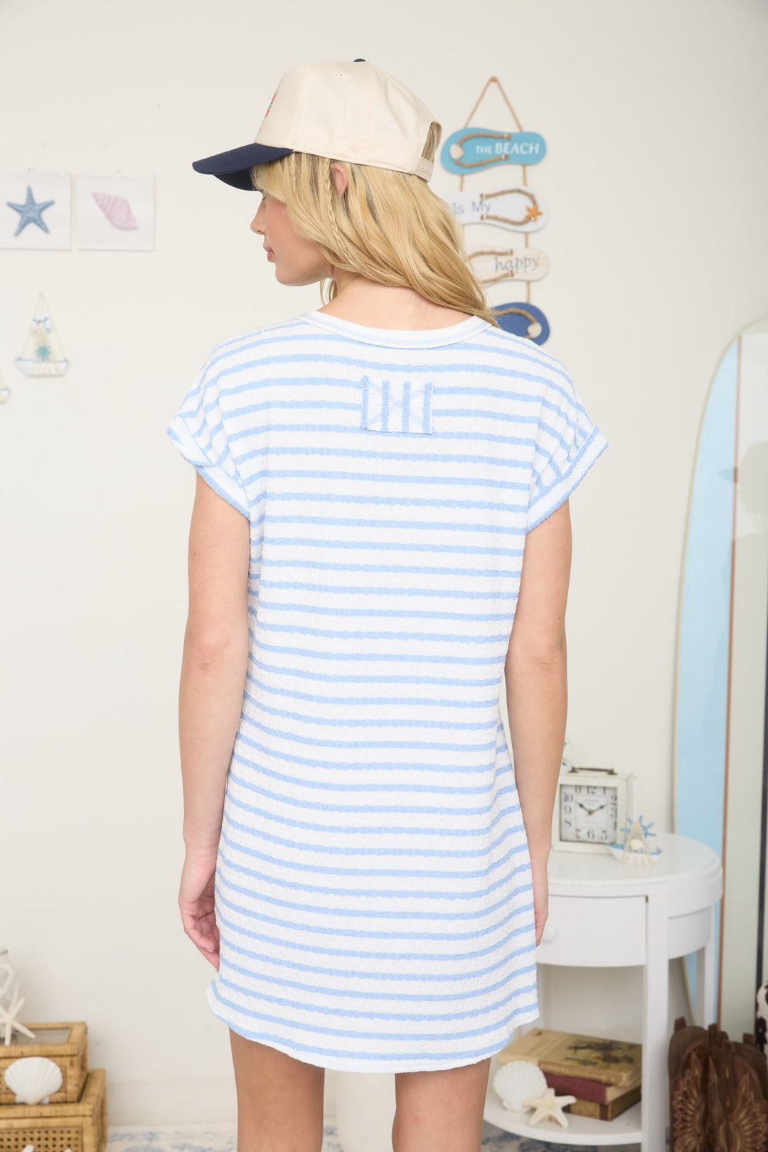 TEXTURED STRIPE SHORT SLEEVE KNIT T-SHIRT DRESS